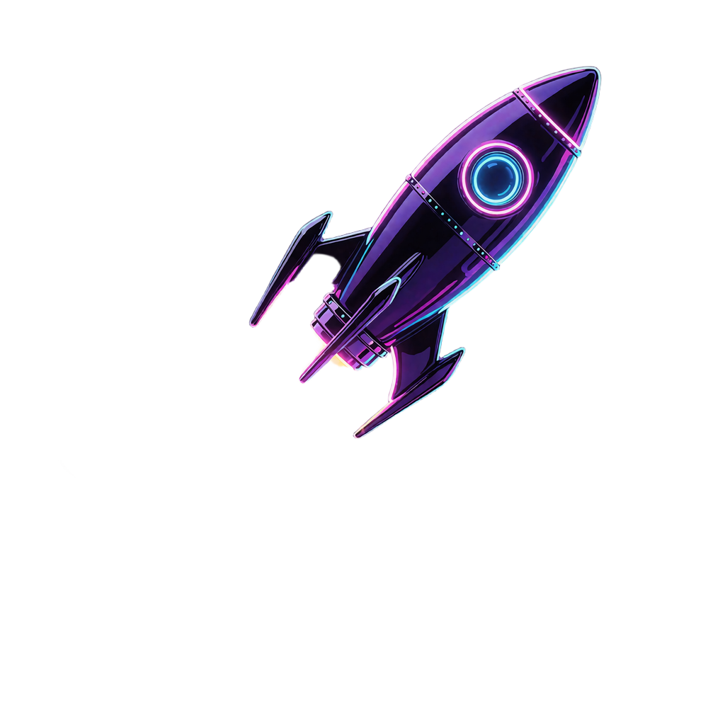Glossy raket i sort og violet med magenta og cyan udst&oslash;dning, der stiger diagonalt som et crash spil