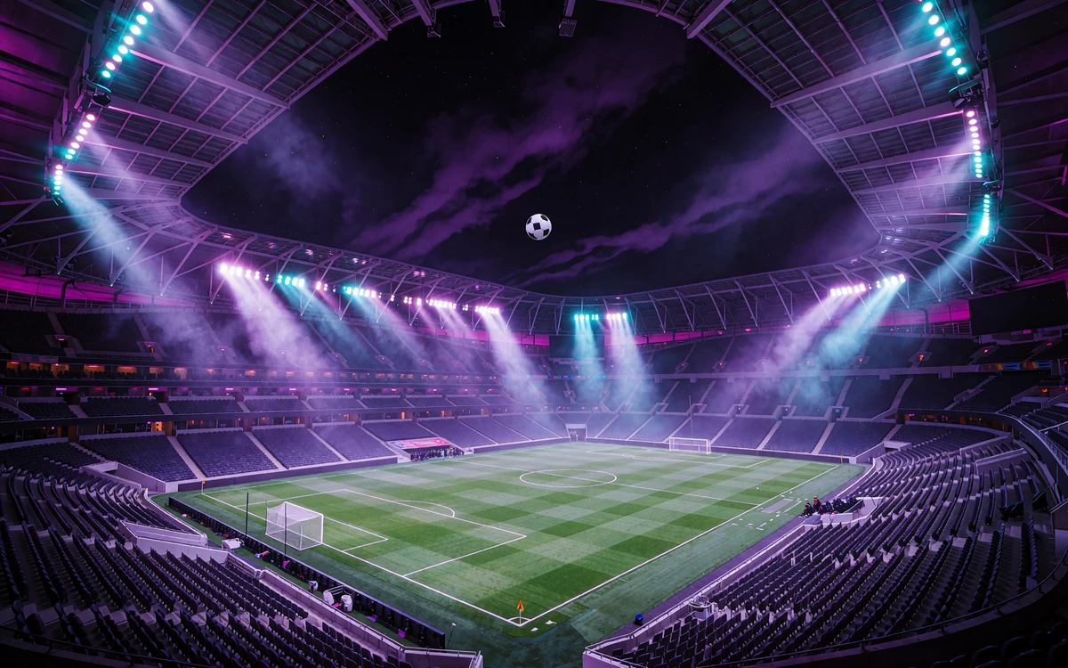 Tomt fodboldstadion om natten med violette og cyanfarvede projekt&oslash;rstr&aring;ler og en bold p&aring; midtercirklen