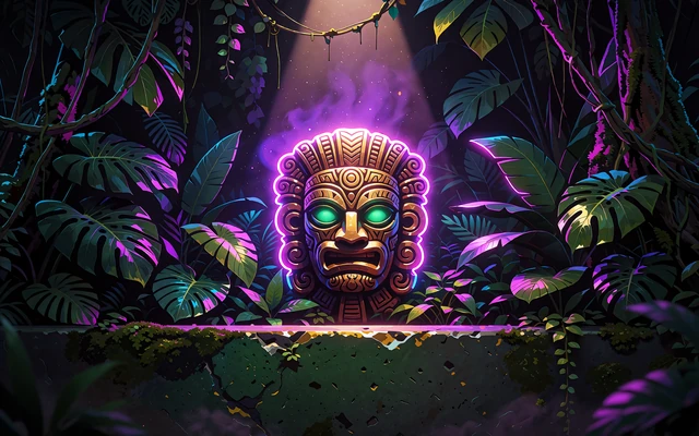 Gylden stammemaske med lysende smaragd&oslash;jne blandt junglens blade og lianer - slot med jungletema