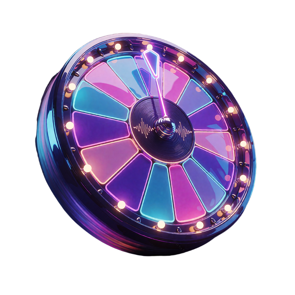 Neonlysende Wheel of Fortune med p&aelig;rer langs kanten og en vinylformet navkapsel i midten - spin-bel&oslash;nning hos WinBeatz