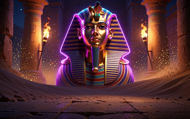 Gylden farao-buste mellem sandstenss&oslash;jler i et skumringsbelyst &oslash;rkentempel - slot med egyptisk tema